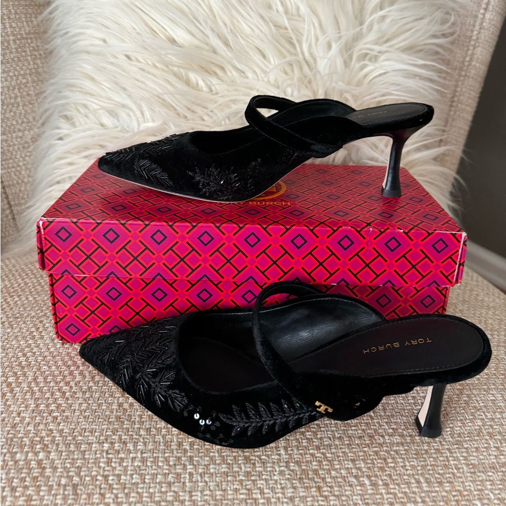 Tory Burch Black Embroidered Velvet 65mm Pump